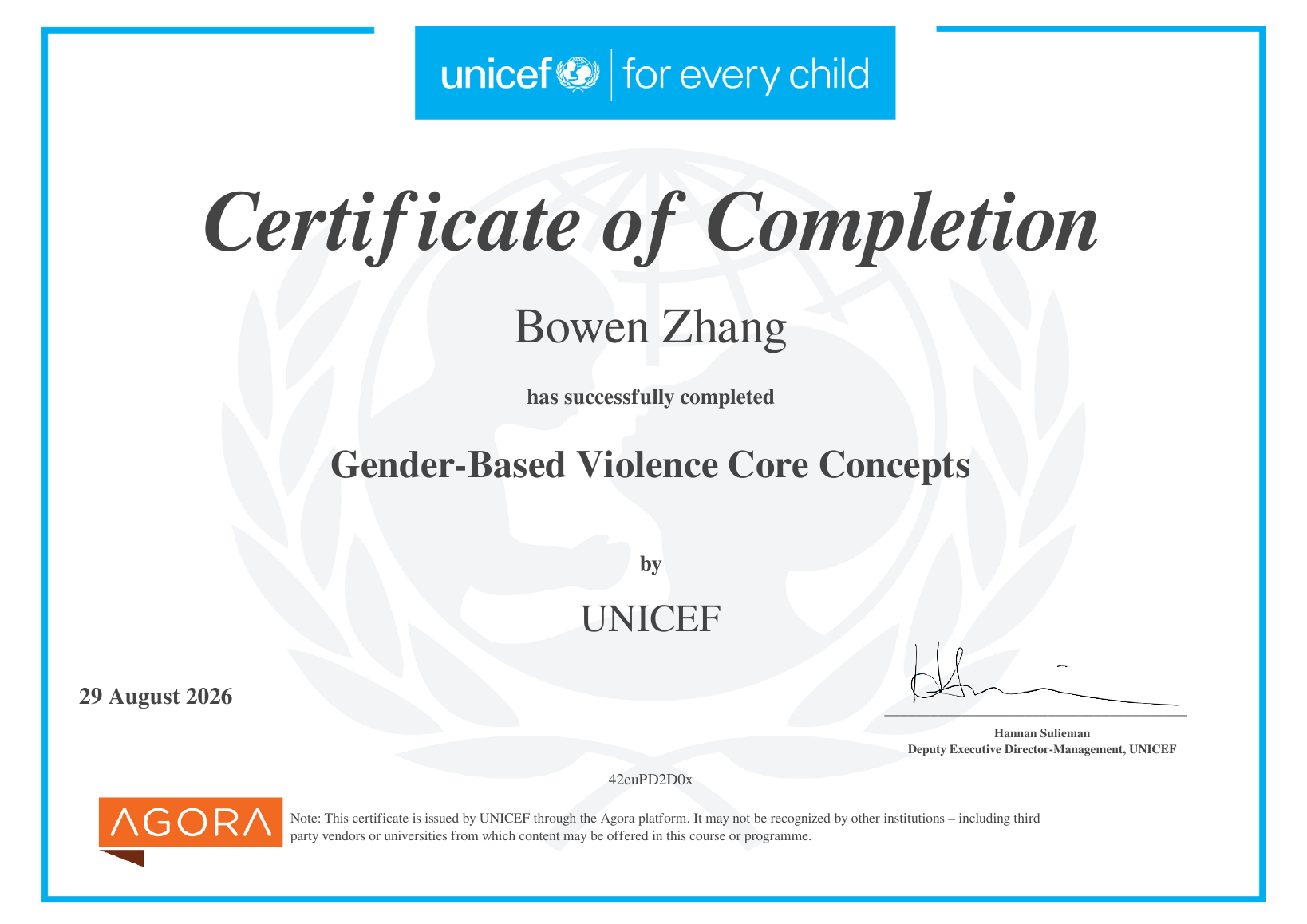 UNICEF Agora Gender-Based Violence Core Concepts certificate