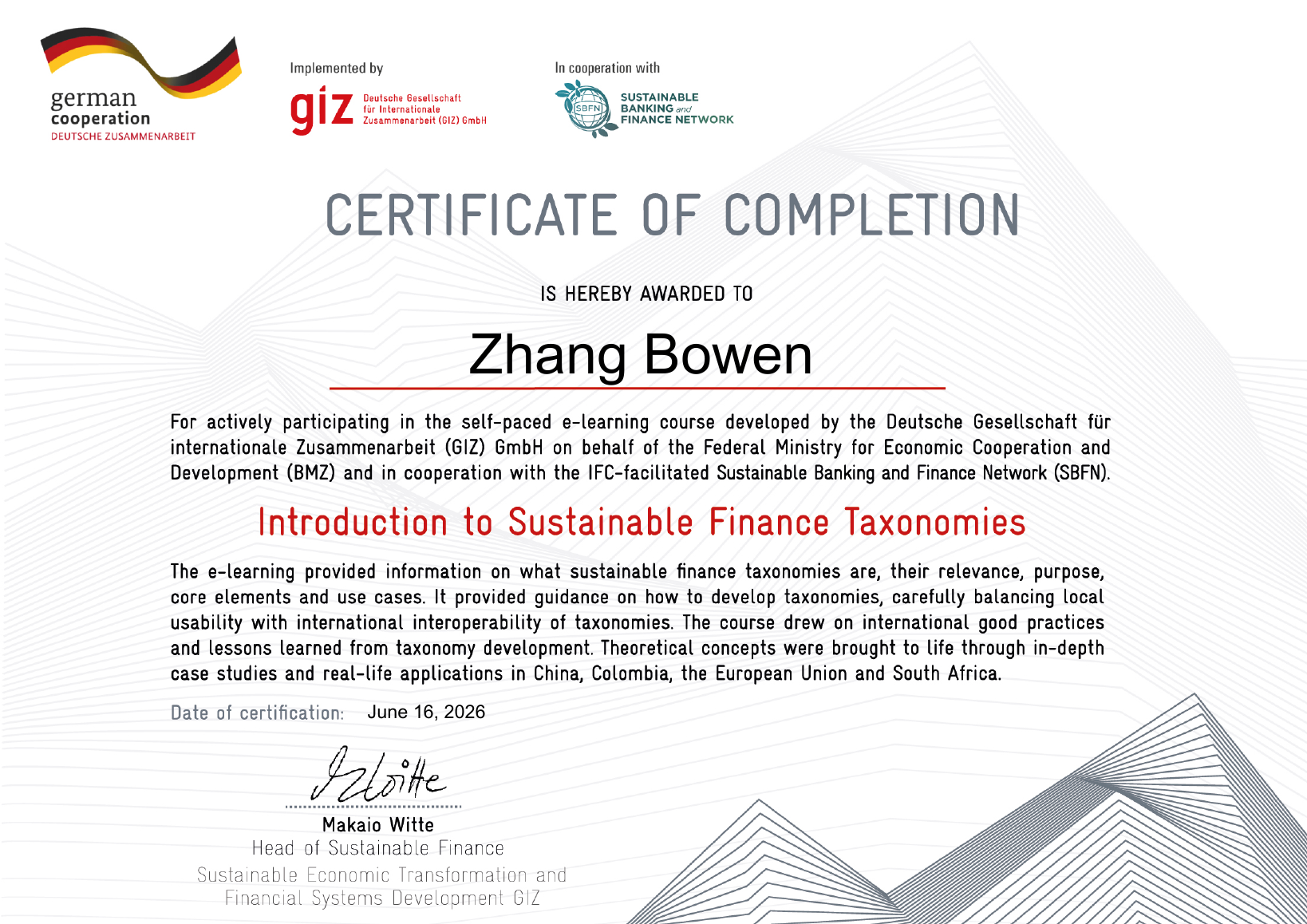 Sustainable Finance Taxonomies certificate