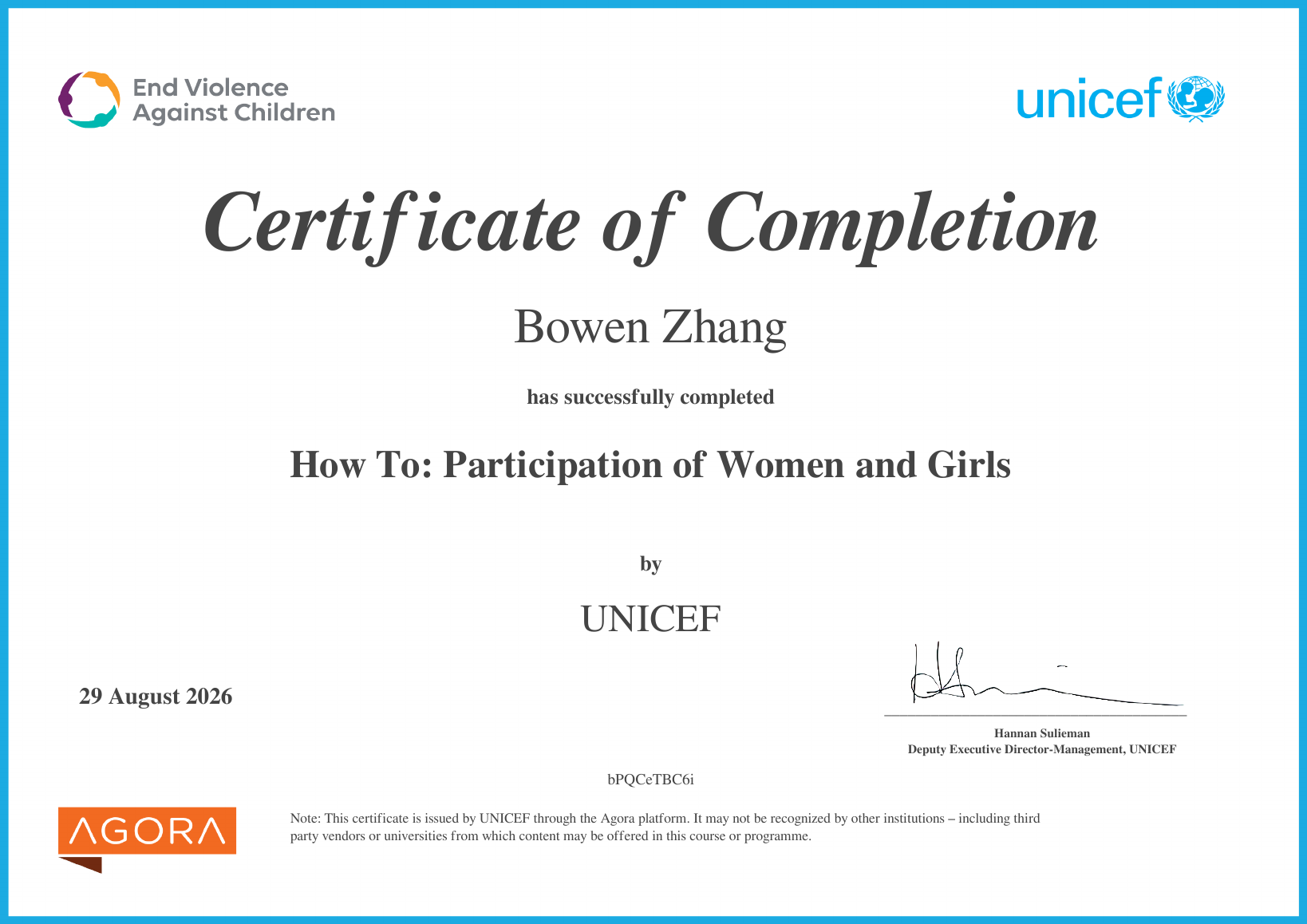 UNICEF Agora Participation of Women and Girls certificate