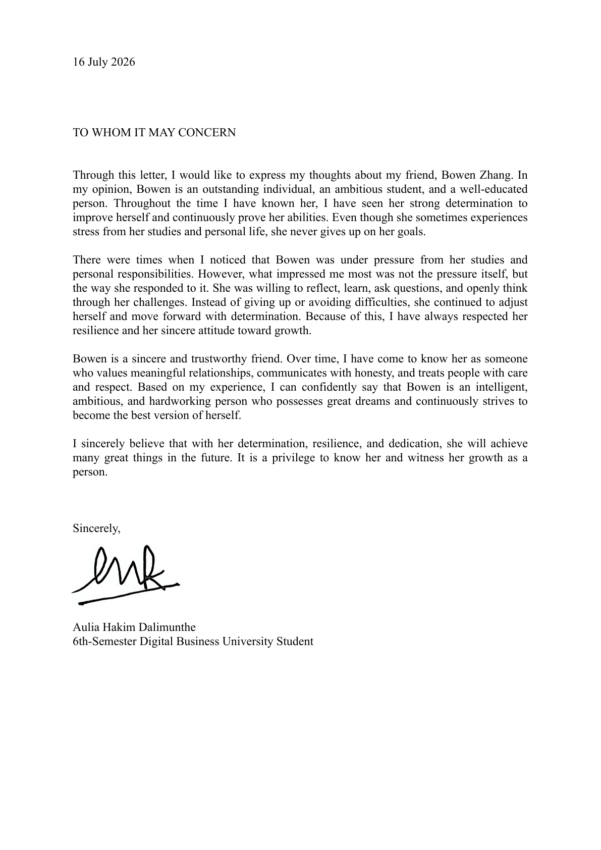 Redacted original recommendation letter from Hakim