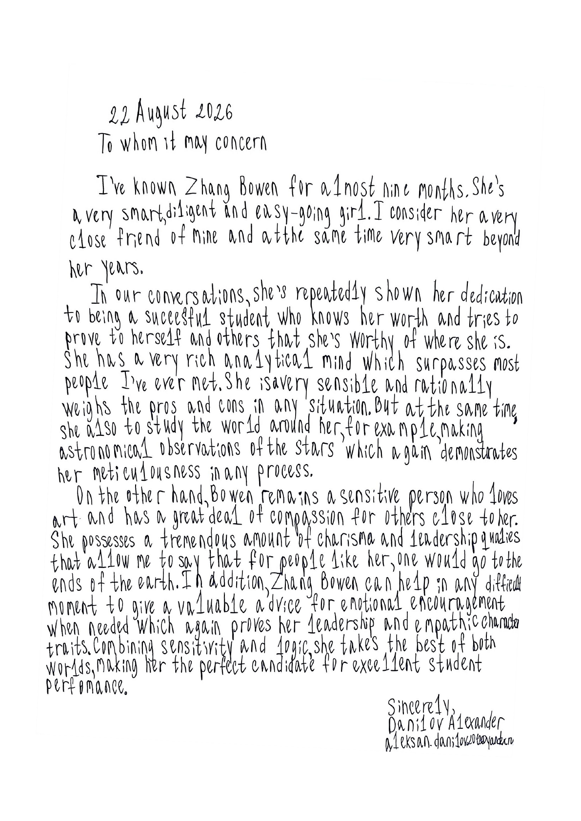 Sasha's handwritten original recommendation letter