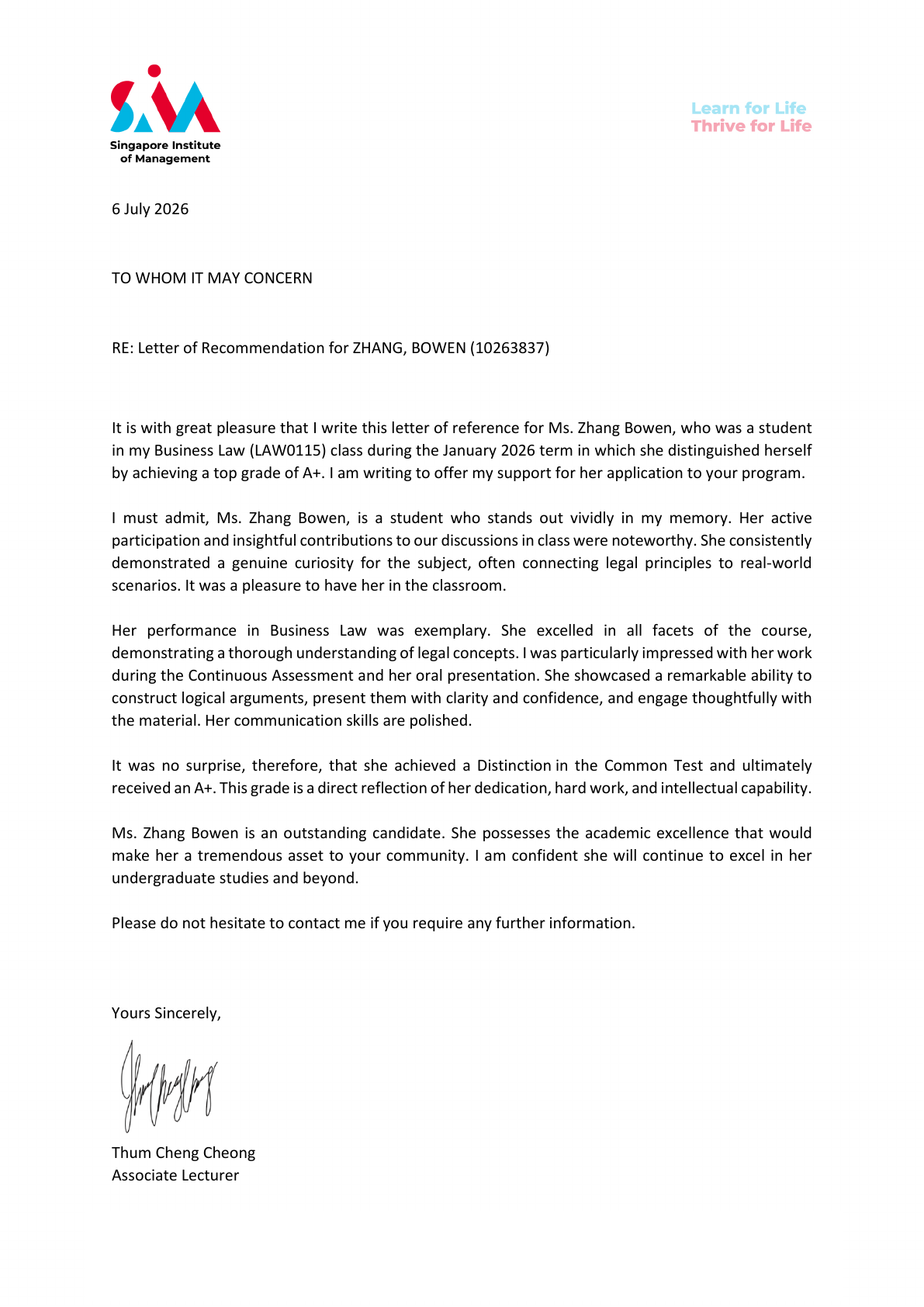 Redacted original recommendation letter from Mr Thum
