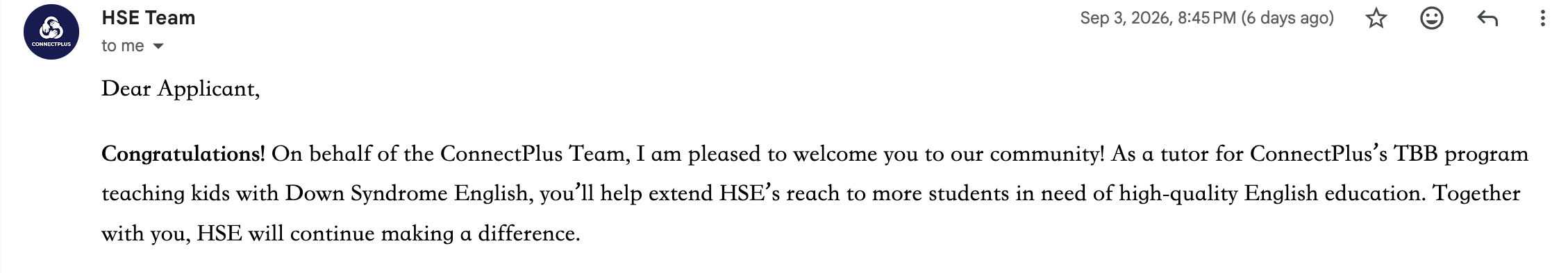 HSE Team acceptance email for the ConnectPlus TBB programme
