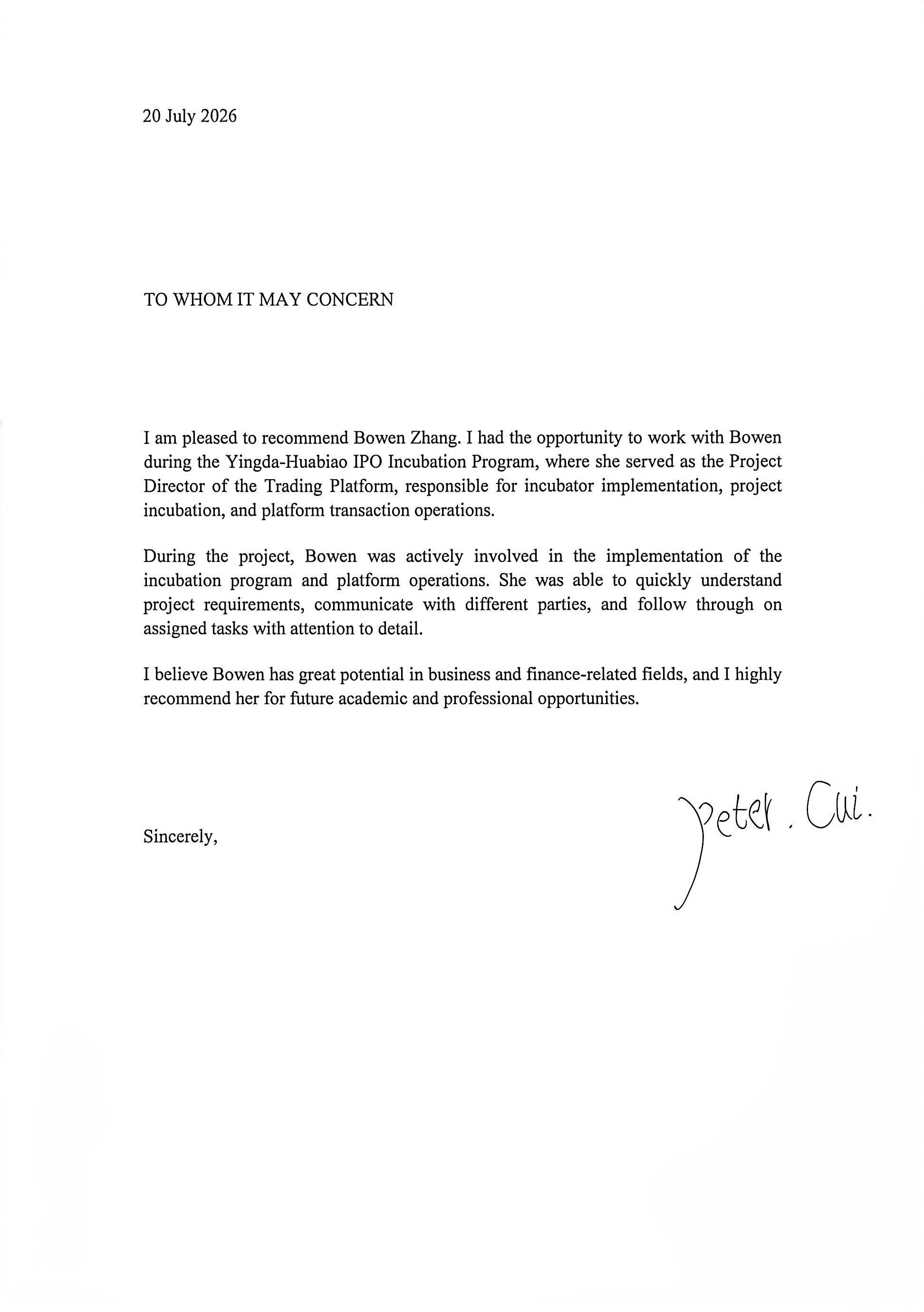 Original recommendation letter from Haijiang Cui